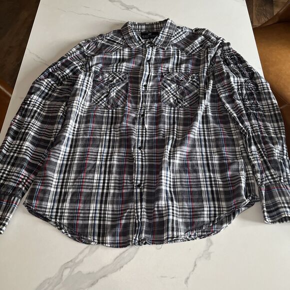 Buckle Men's Pop Icon Pearl Snap Long Sleeve Plaid Shirt Embroidered Size XL - Picture 1 of 14